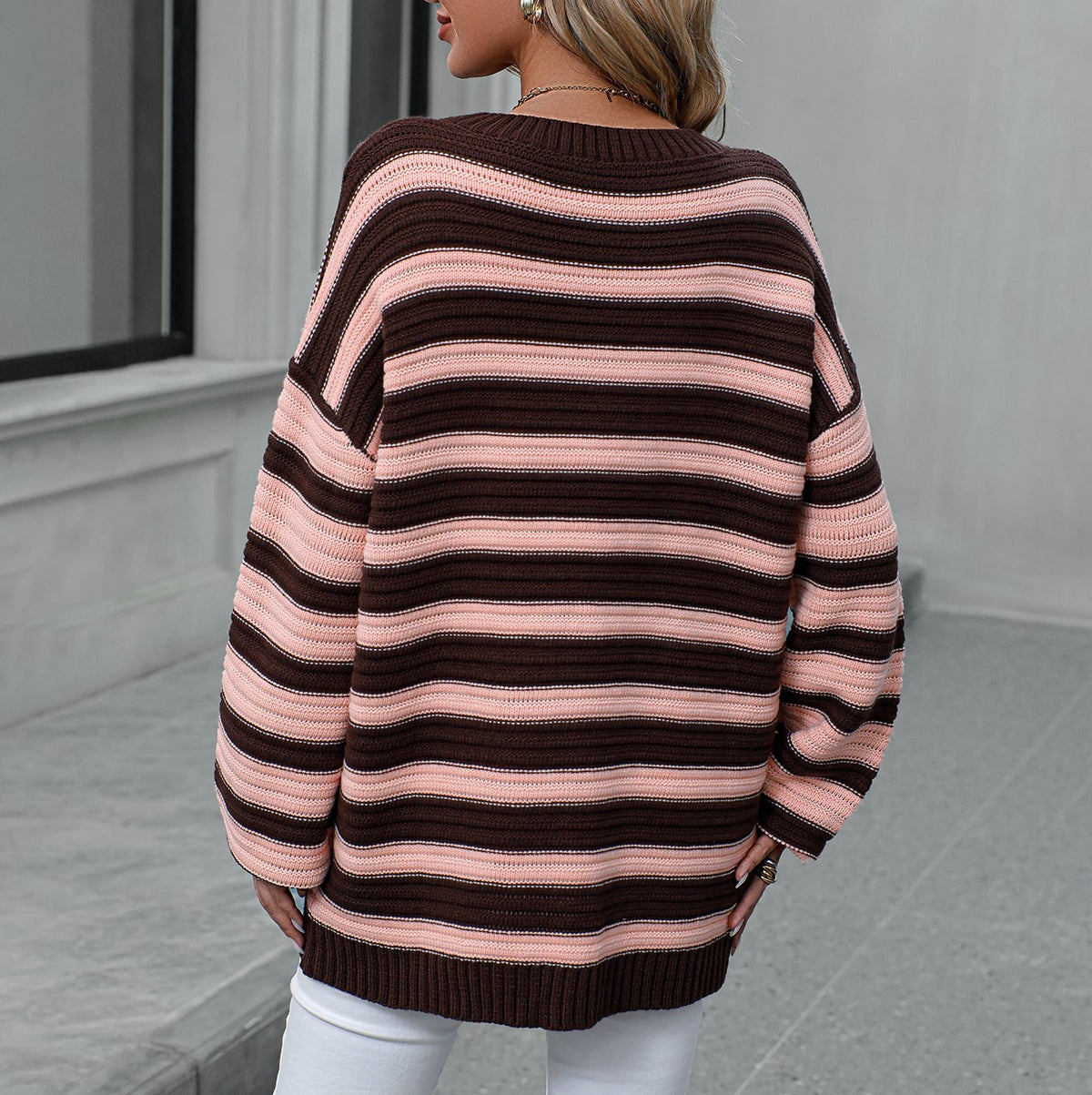 Oversized Striped Drop Shoulder Sweater - Coffee - 2