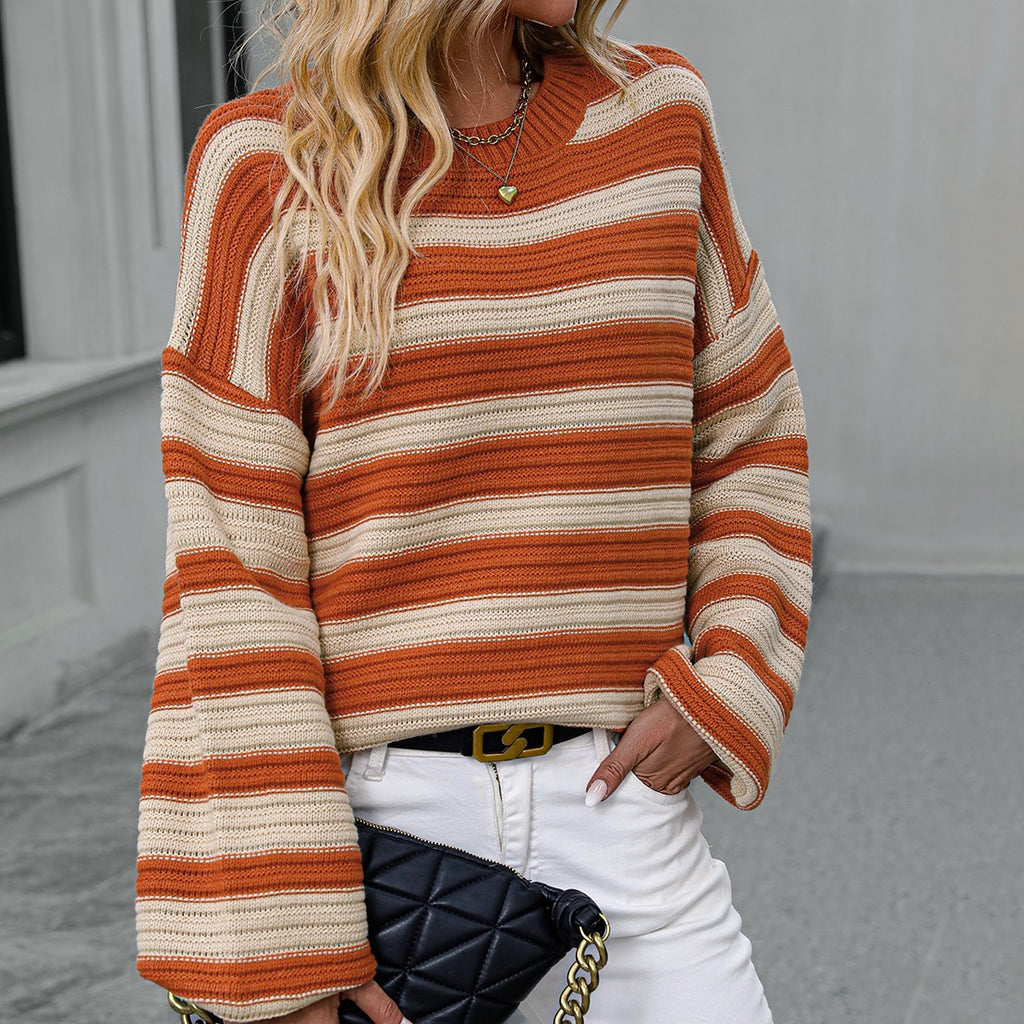 Oversized Striped Drop Shoulder Sweater - Orange