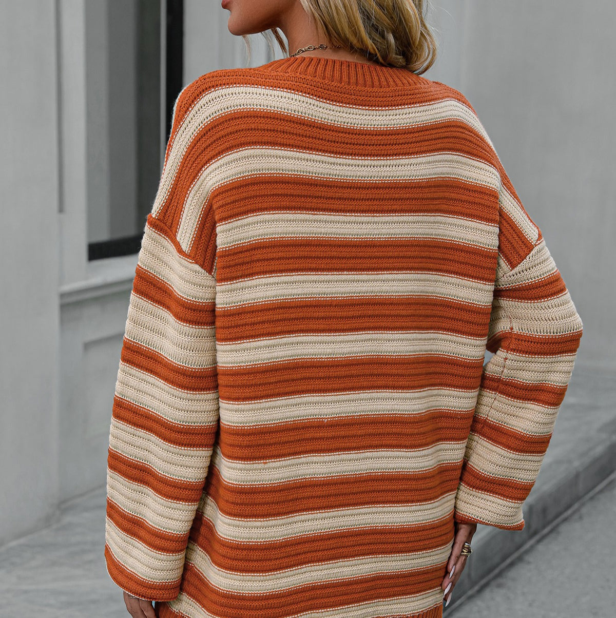 Oversized Striped Drop Shoulder Sweater - Orange - 1
