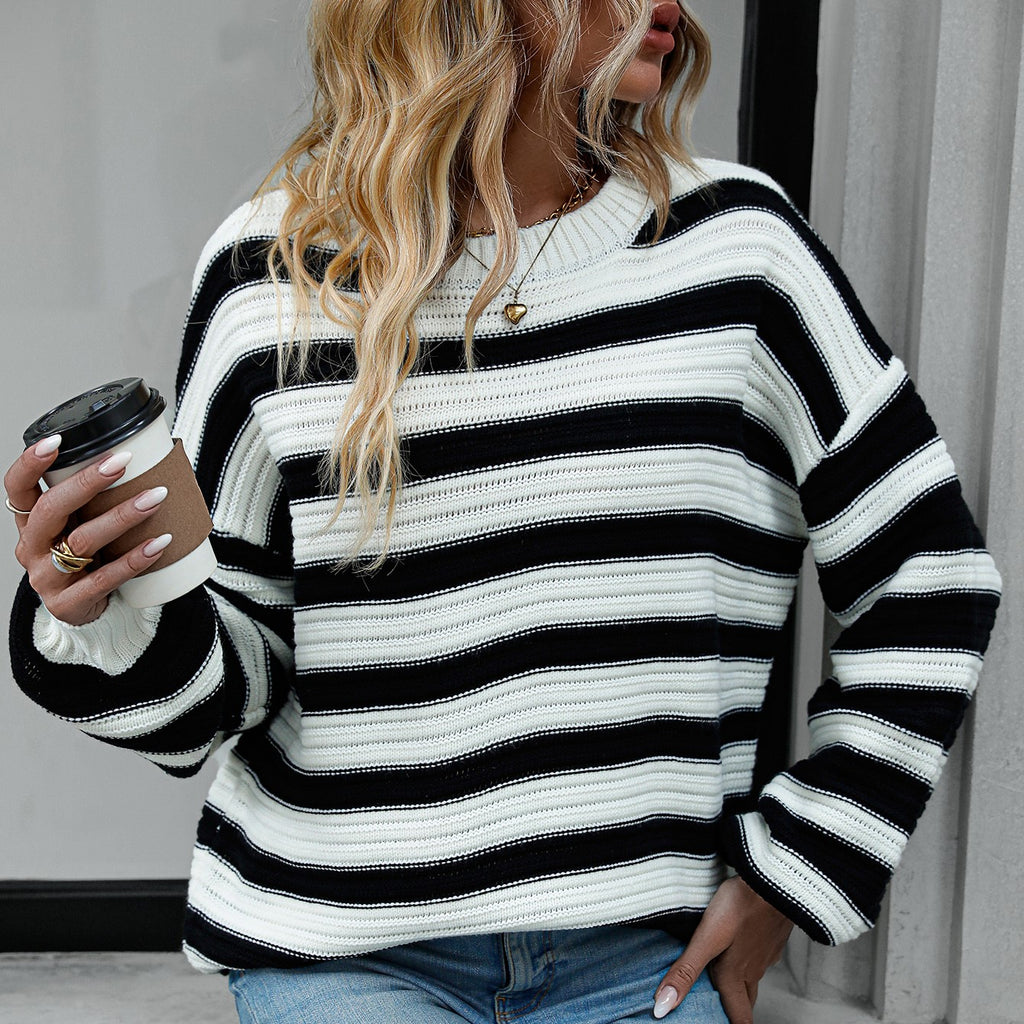Oversized Striped Drop Shoulder Sweater - White