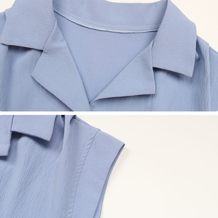 Lapel Collar Sleeveless Wide Leg Jumpsuit - Blue - 3