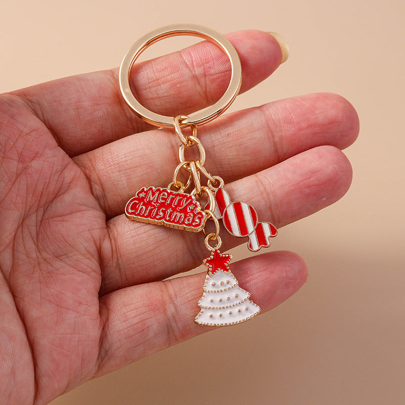 Enamel Christmas Tree Snowman Charm Keyring - C2