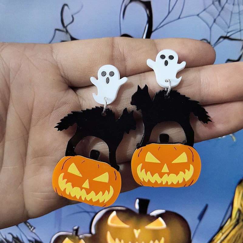 Spooky Pumpkin And Ghost Dangle Earrings - Pumpkin