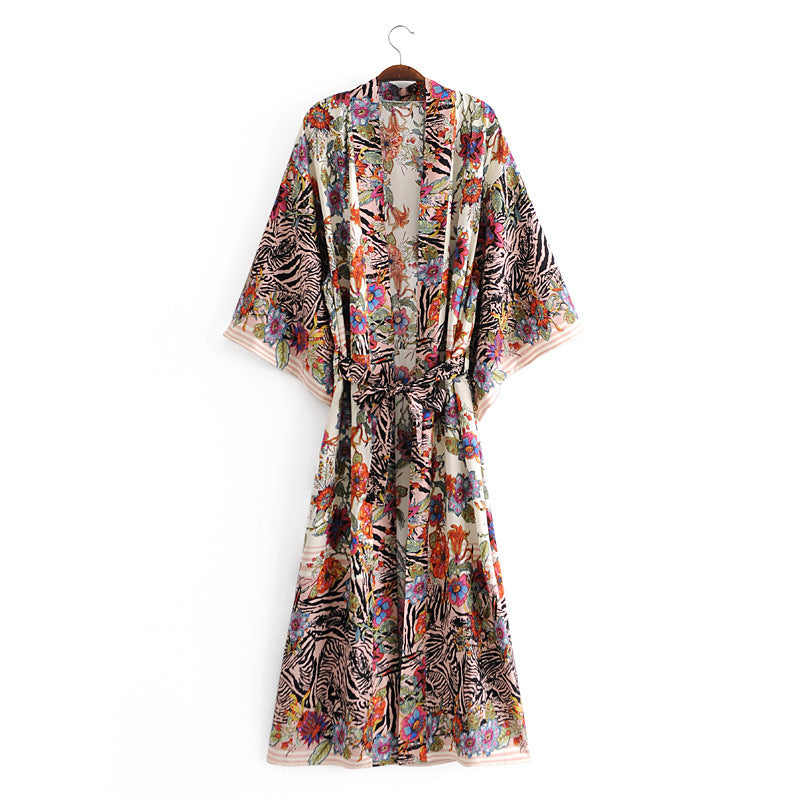 Bohemian Tropical Print Belted Beach Kimono - Floral