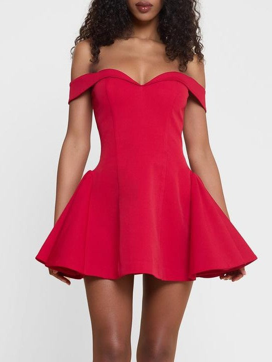 Sweetheart Neck Skater Mini Dress with Trim - Red