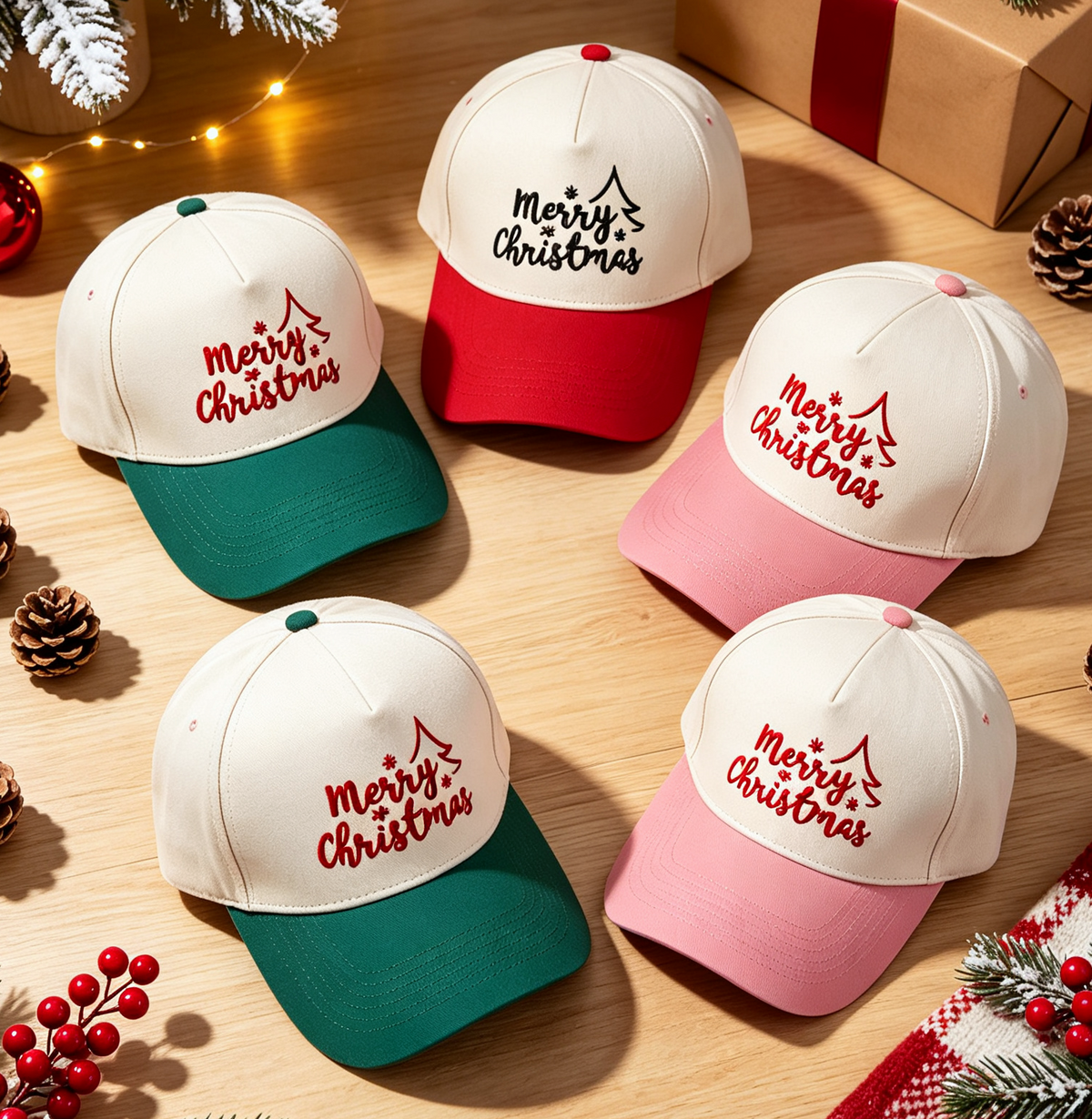 Two-Tone Christmas Baseball Cap With Tree Embroidery - Green - 1