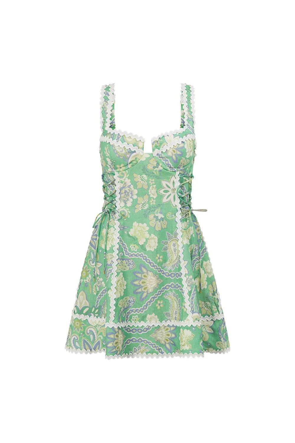 Botanical Print Lace-Up Corset Mini Dress - Green