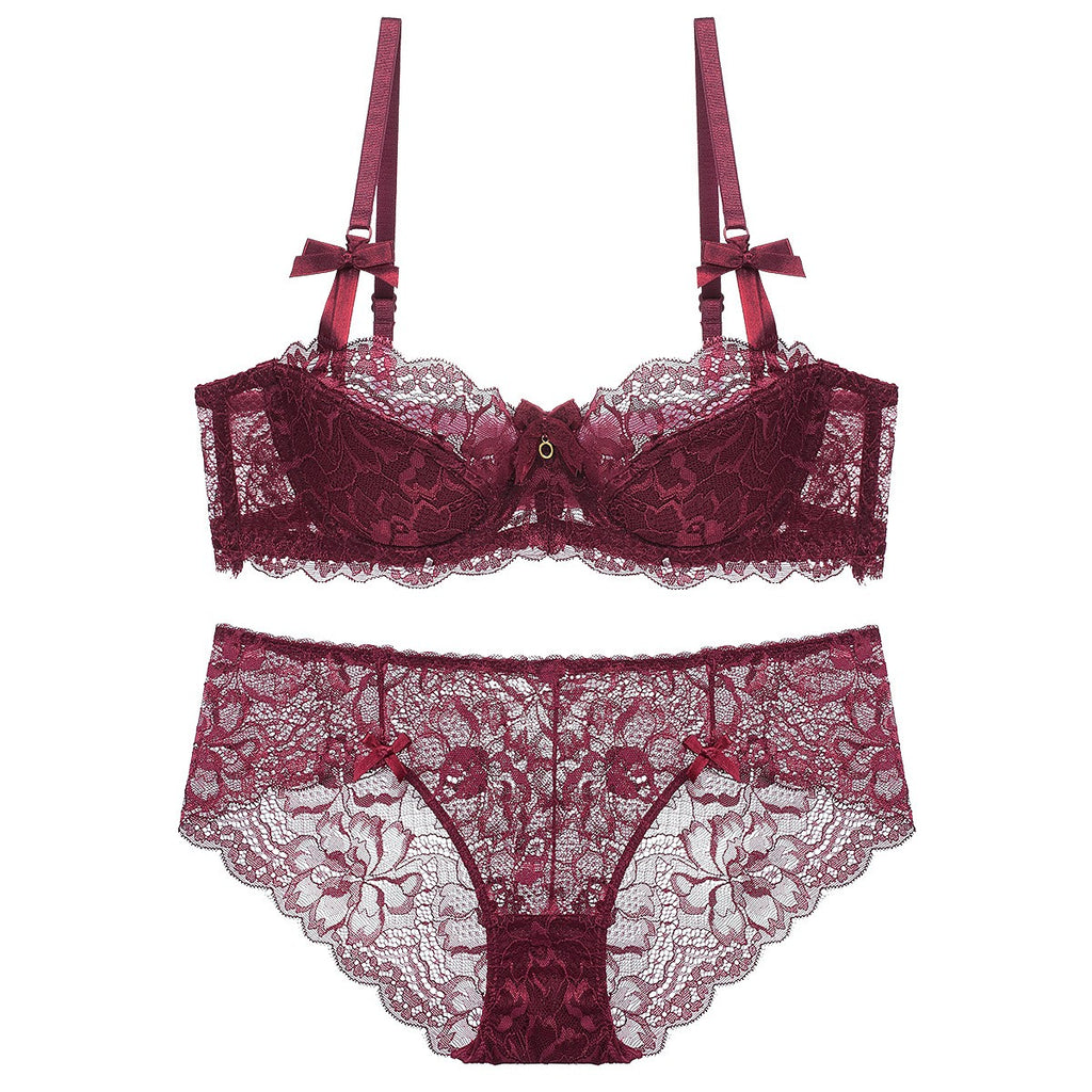 Floral Lace Half Cup Underwire Bra And Brief Set - Burgundy