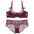 Floral Lace Half Cup Underwire Bra And Brief Set - Burgundy