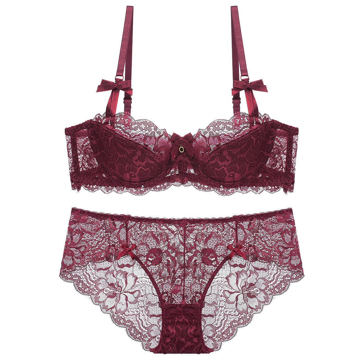 Floral Lace Half Cup Underwire Bra And Brief Set - Burgundy