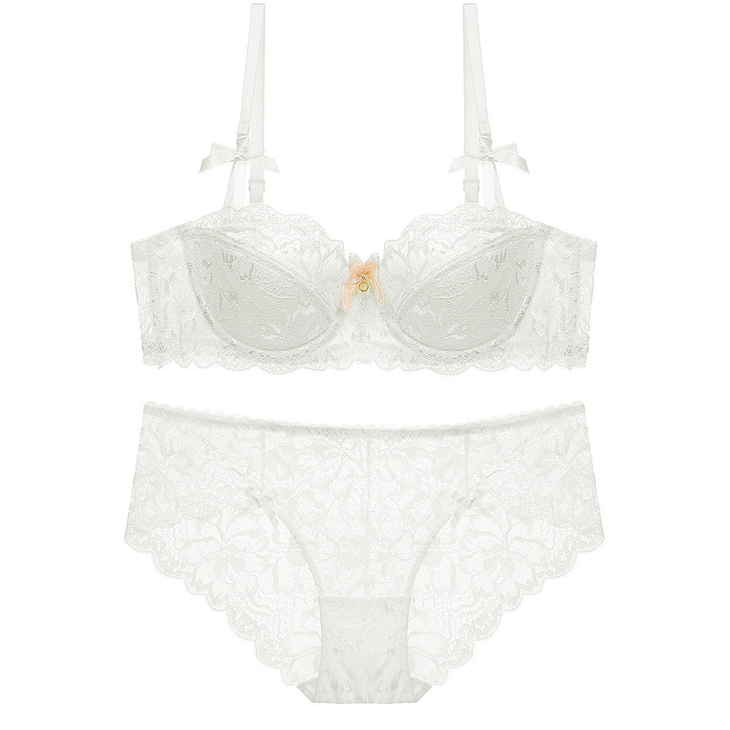 Floral Lace Half Cup Underwire Bra And Brief Set - White