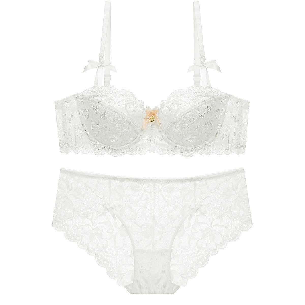 Floral Lace Half Cup Underwire Bra And Brief Set - White