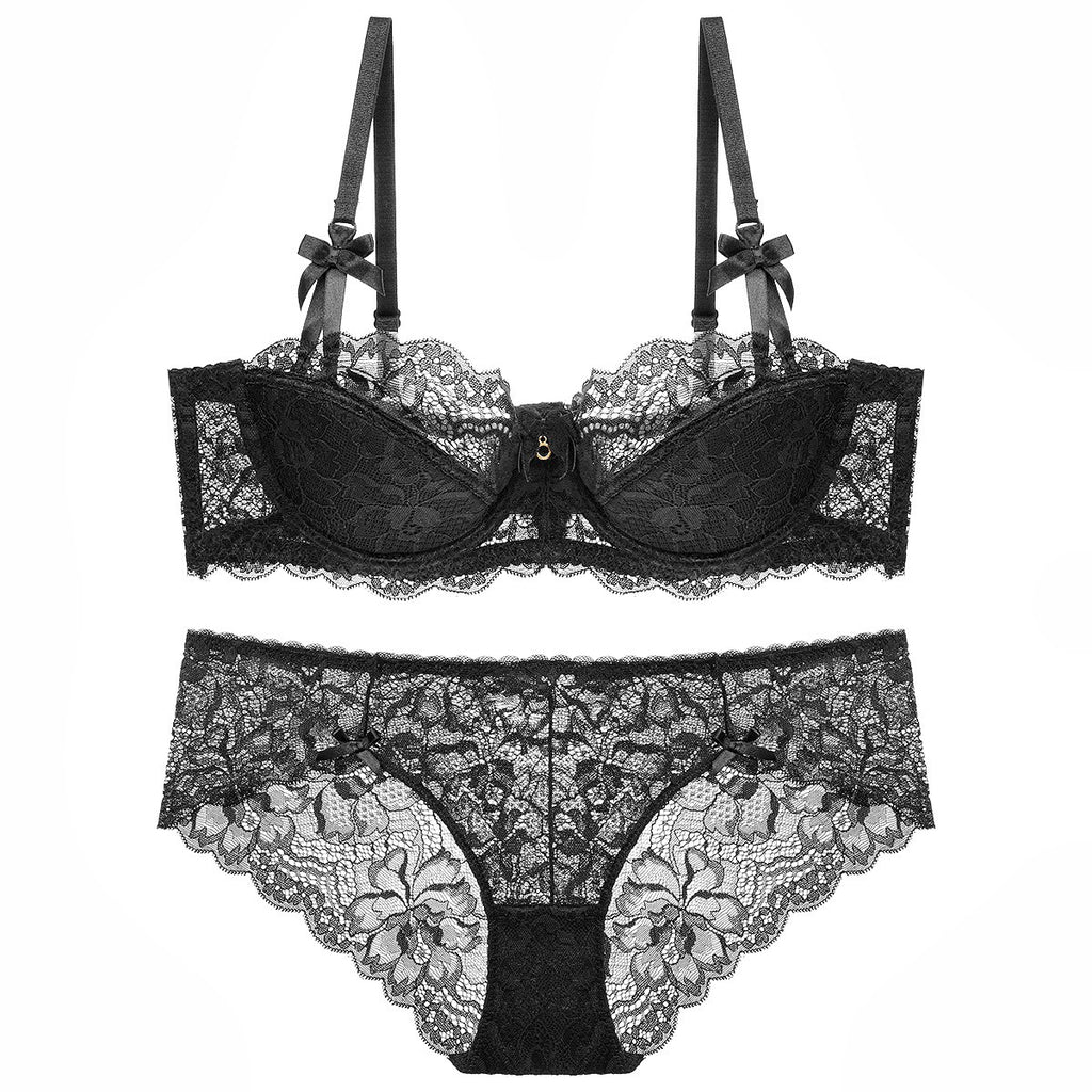 Floral Lace Half Cup Underwire Bra And Brief Set