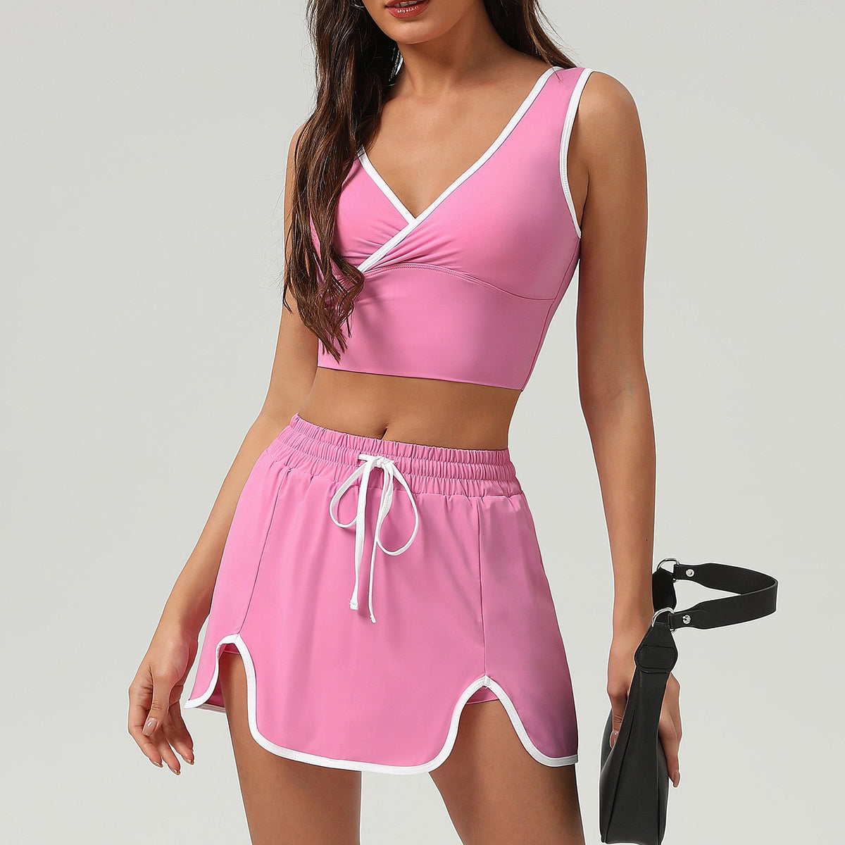 Contrast Trim Wrap V-Neck Tank and Tennis Skort Set