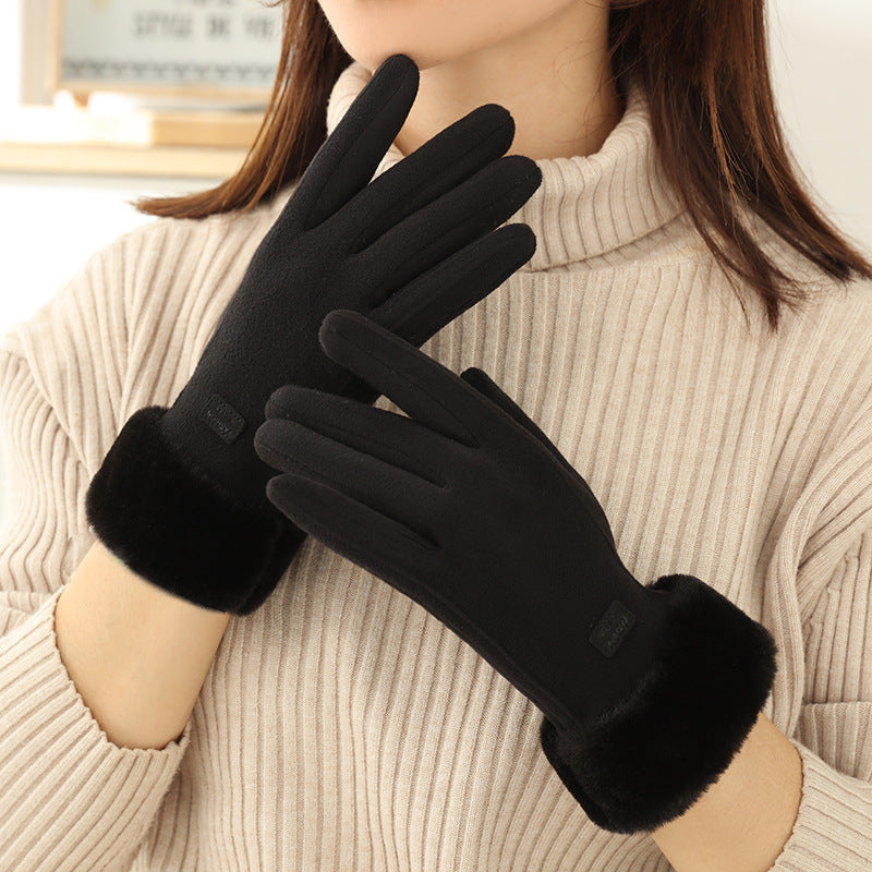 Faux Fur Cuff Fleece Winter Gloves - Black_A