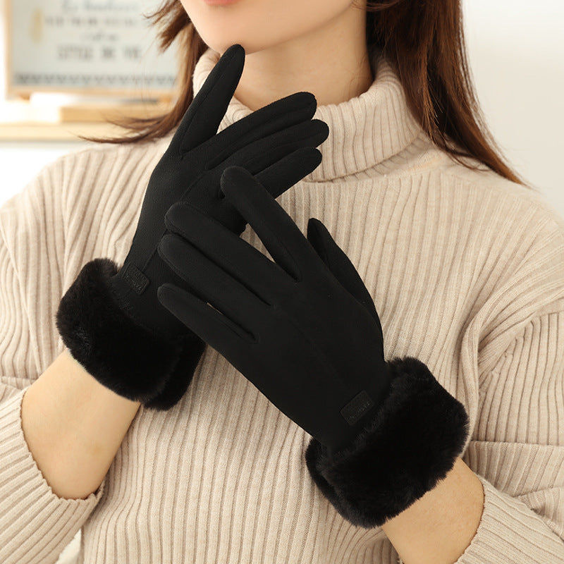 Faux Fur Cuff Fleece Winter Gloves - Black_B