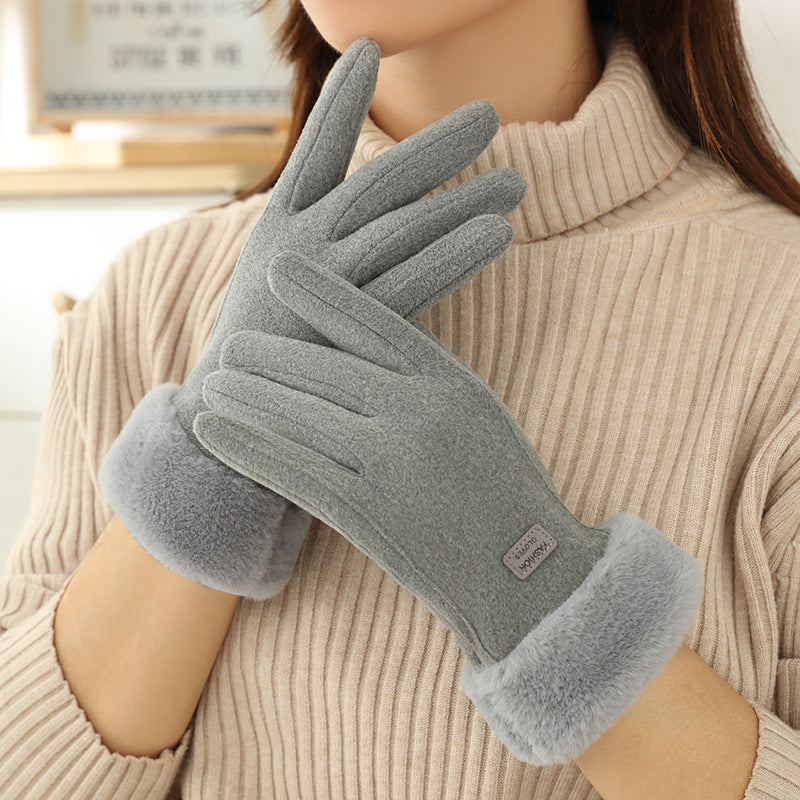 Faux Fur Cuff Fleece Winter Gloves - Grey_A