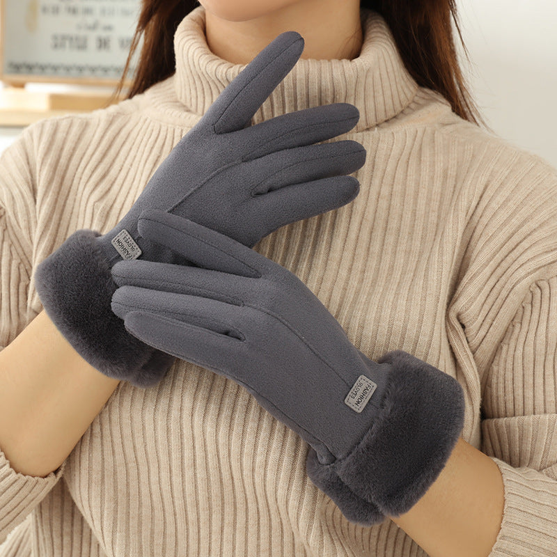 Faux Fur Cuff Fleece Winter Gloves - Grey_B