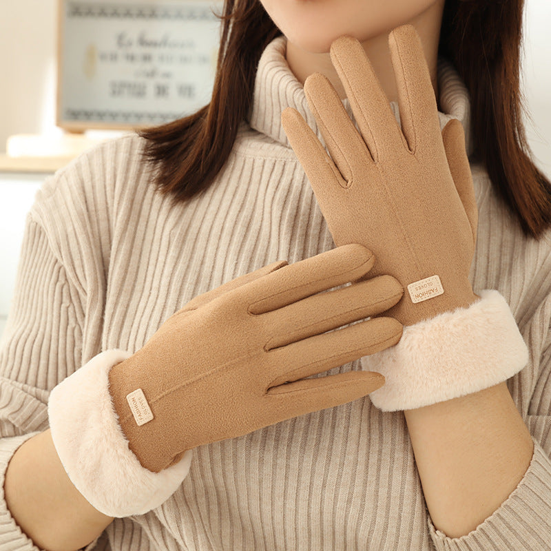 Faux Fur Cuff Fleece Winter Gloves - Khaki_B