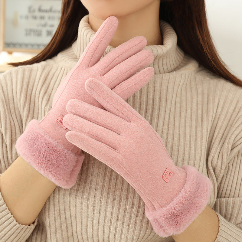Faux Fur Cuff Fleece Winter Gloves - Pink_A