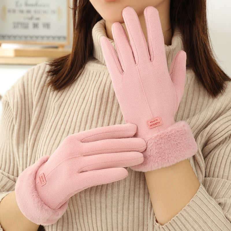 Faux Fur Cuff Fleece Winter Gloves - Pink_B