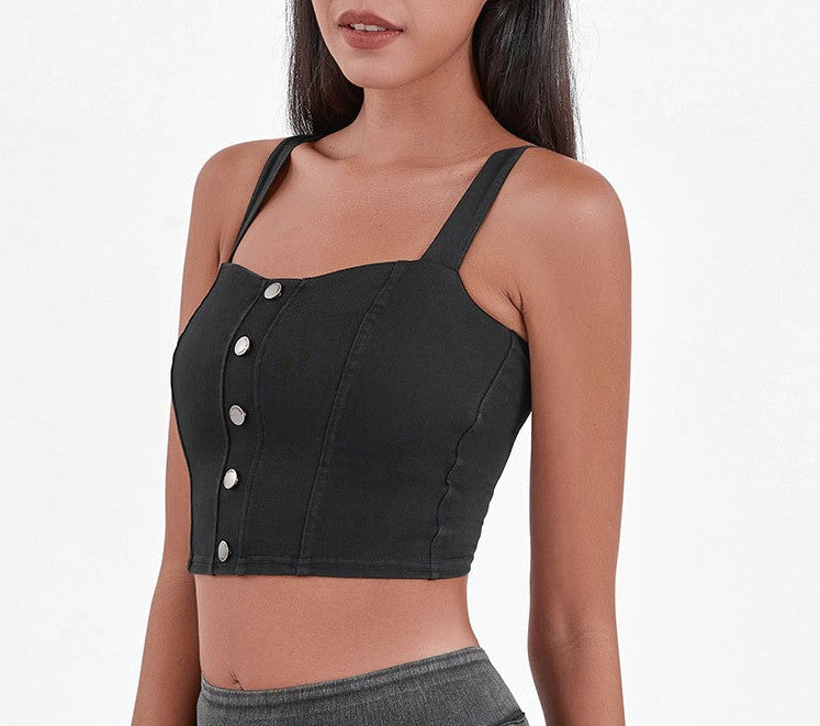 Button Front Denim Crop Vest Top - Black