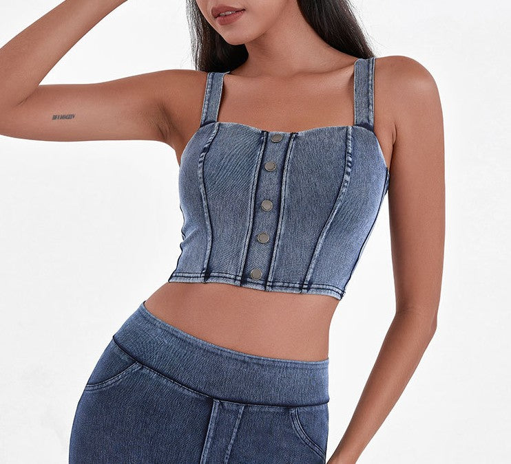 Button Front Denim Crop Vest Top - Blue
