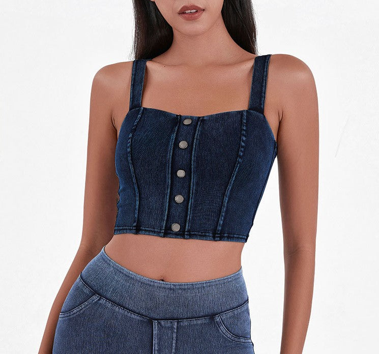Button Front Denim Crop Vest Top - DarkBlue