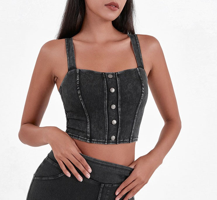 Button Front Denim Crop Vest Top - Gray