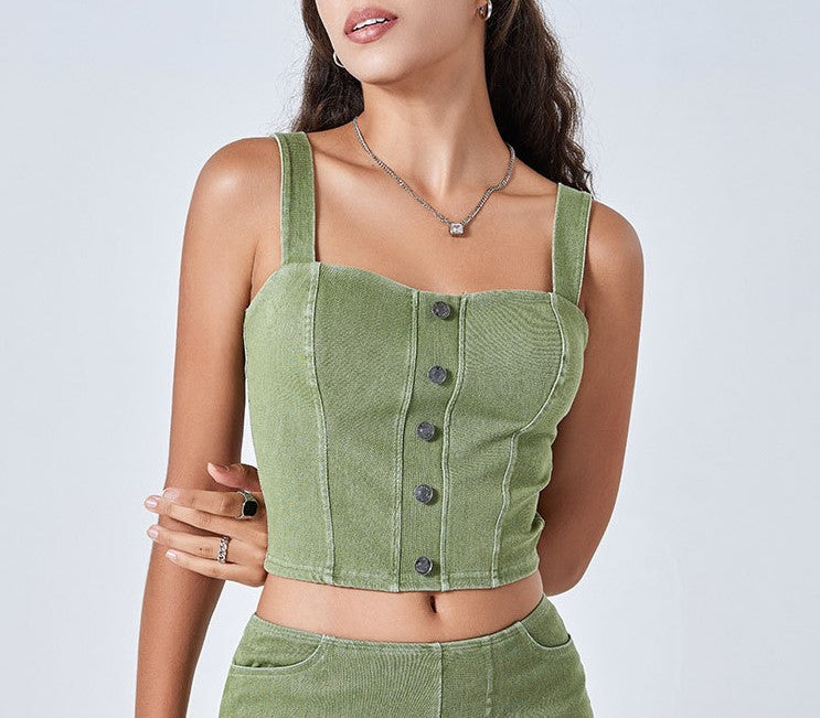 Button Front Denim Crop Vest Top - Green