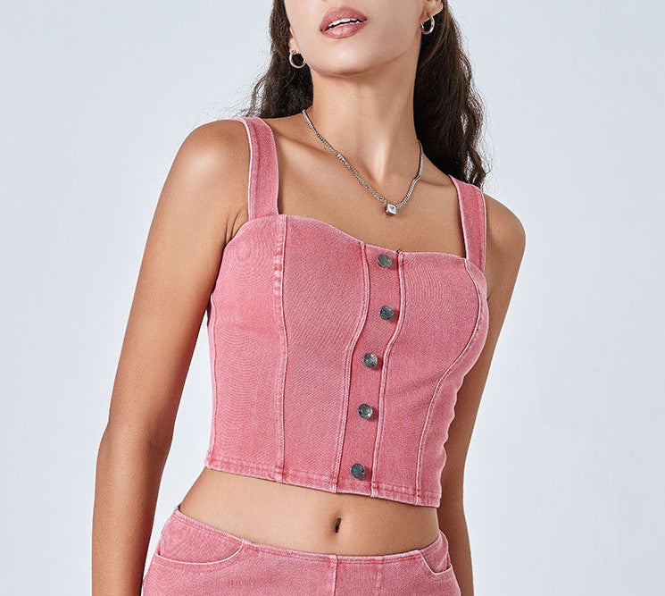 Button Front Denim Crop Vest Top - Pink