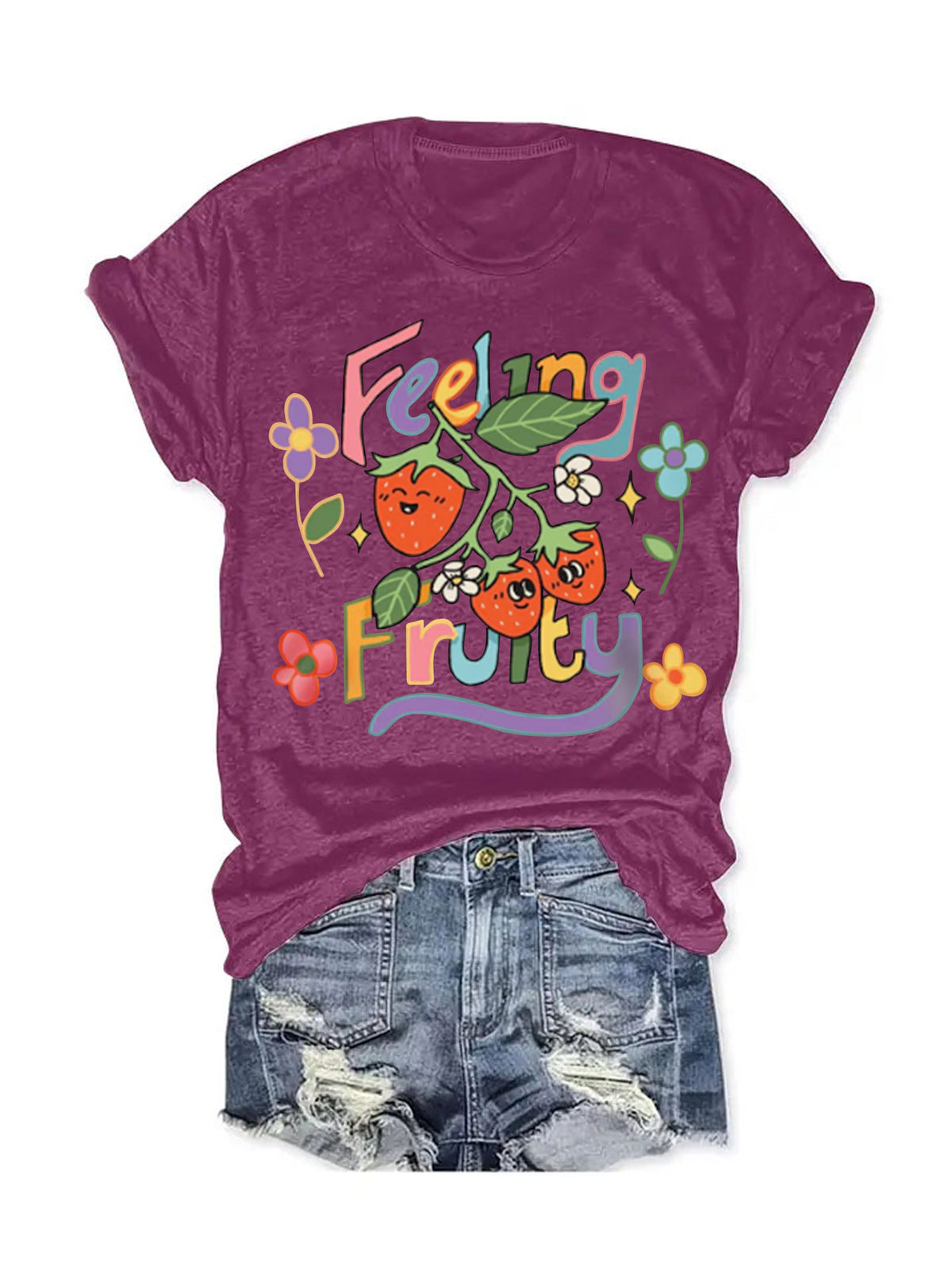 Feeling Fruity Retro Strawberry Slogan Tee - Berry