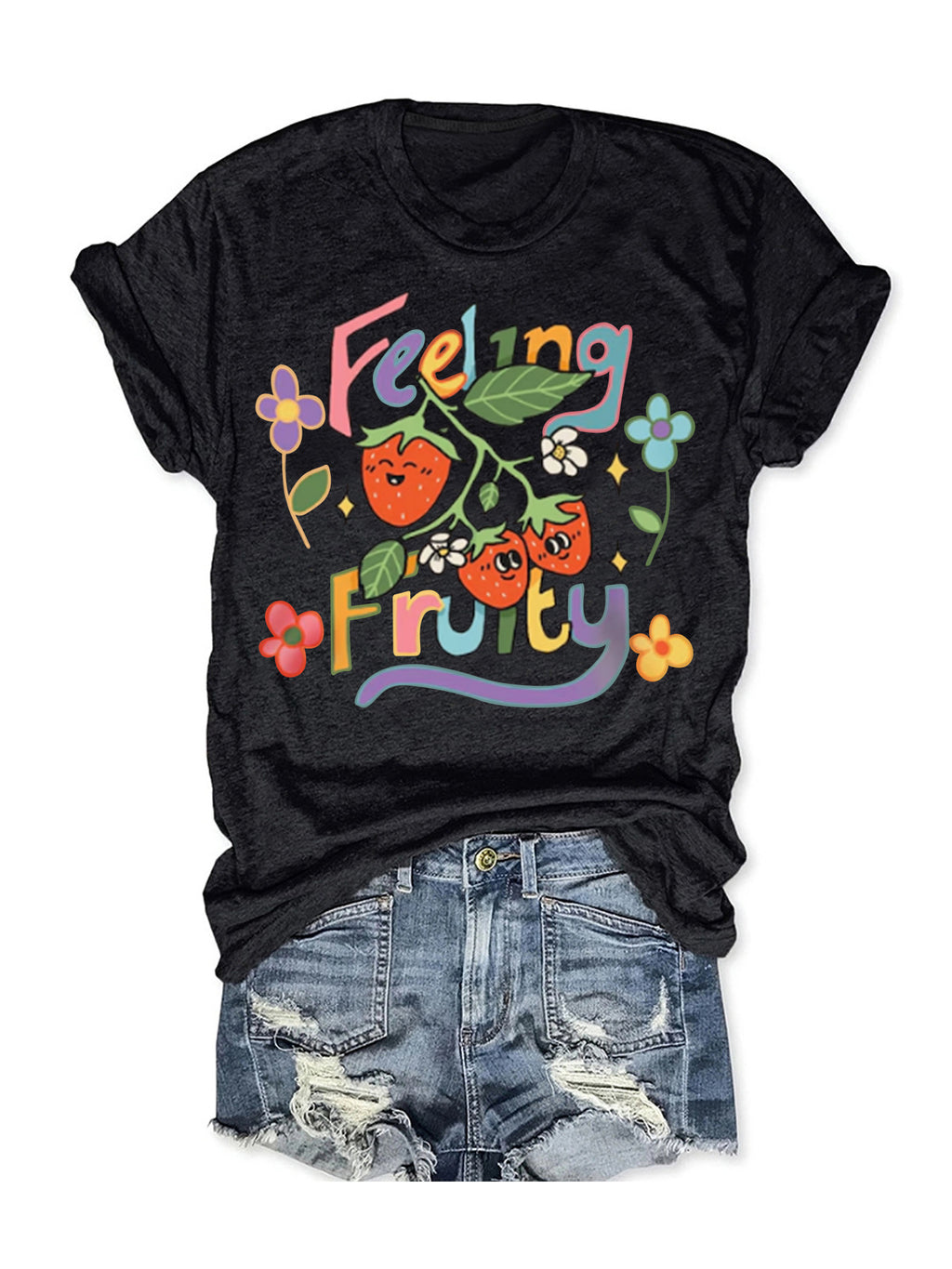 Feeling Fruity Retro Strawberry Slogan Tee - Black