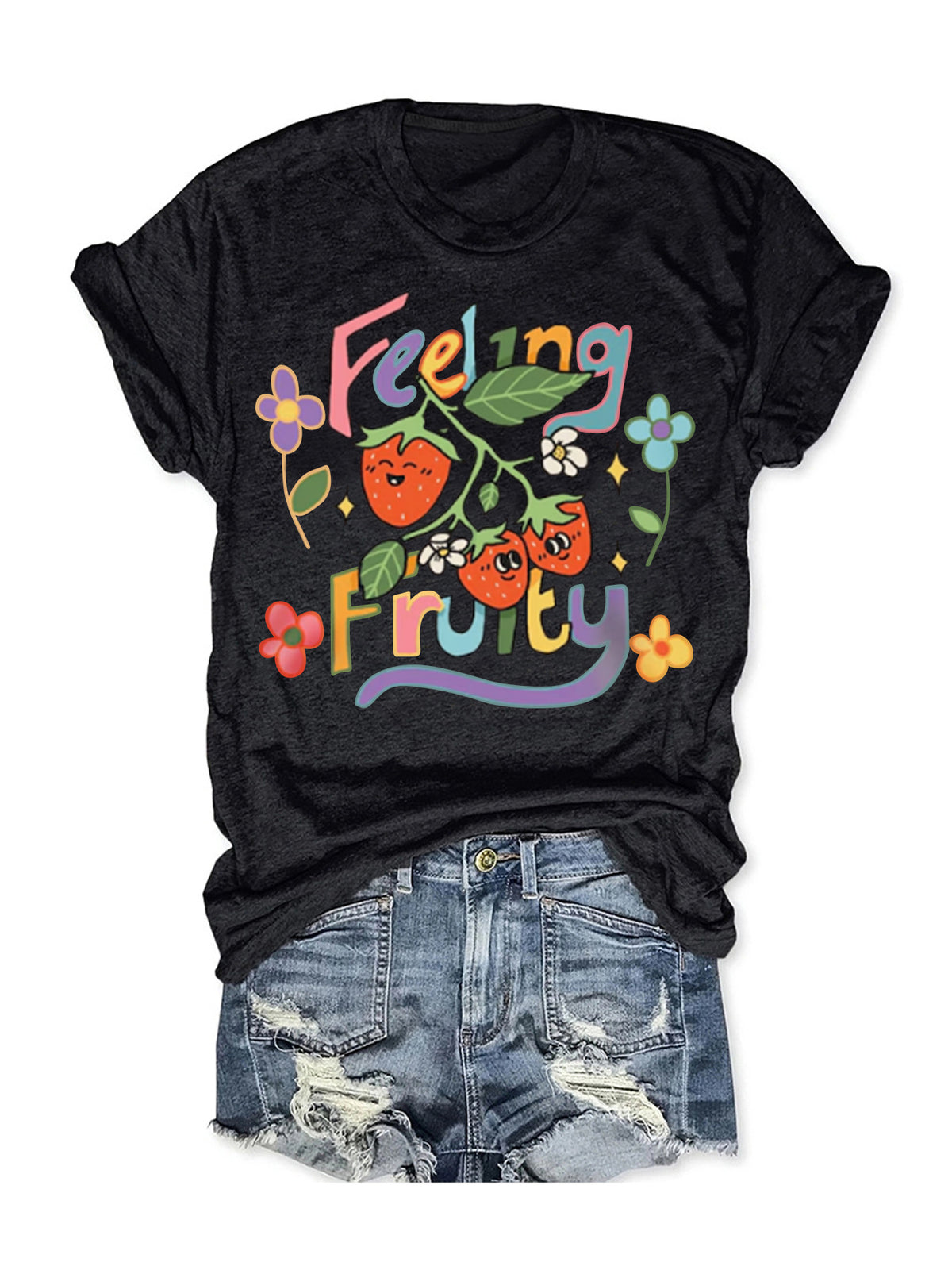 Feeling Fruity Retro Strawberry Slogan Tee - Black