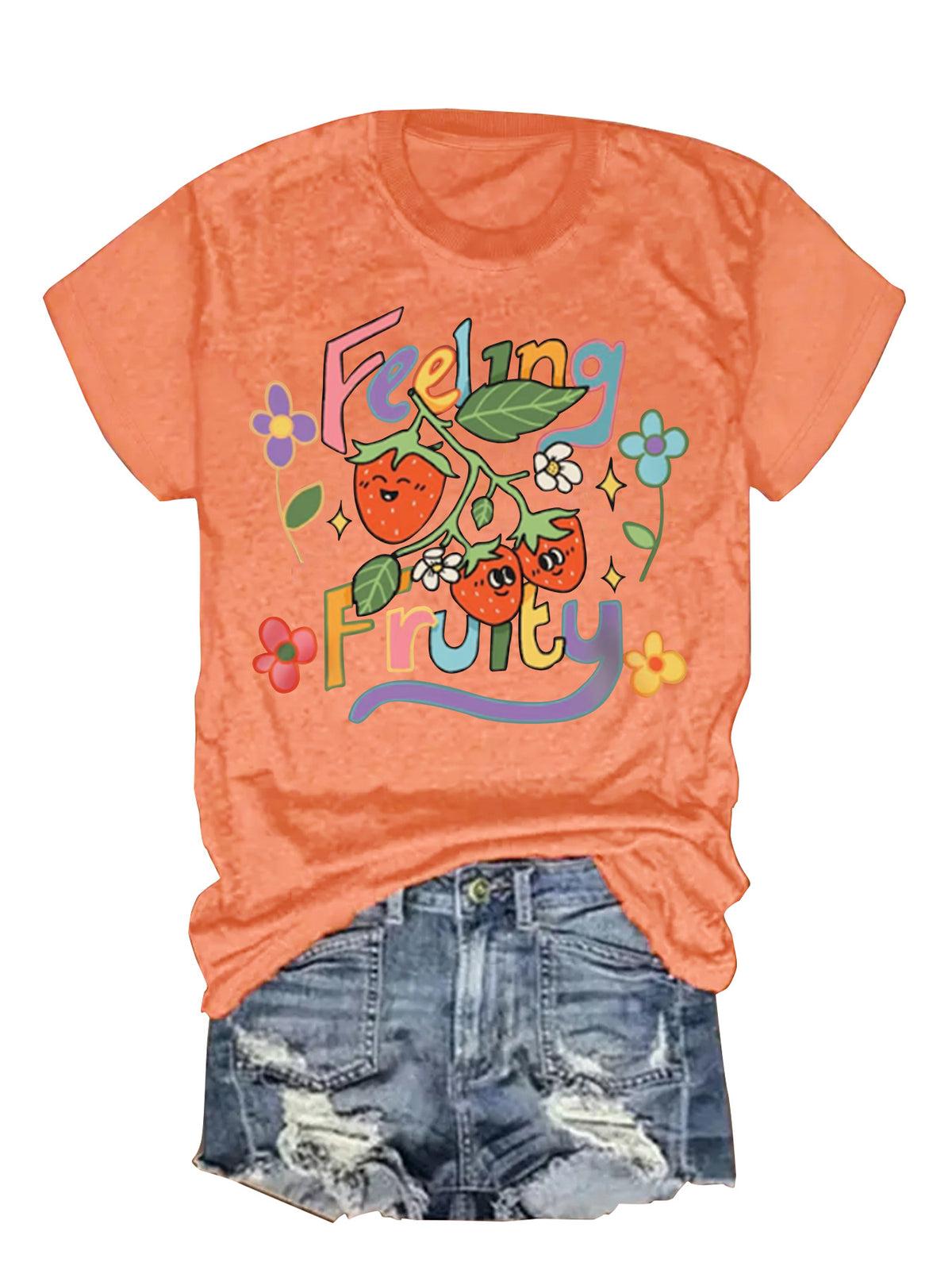 Feeling Fruity Retro Strawberry Slogan Tee - Orange