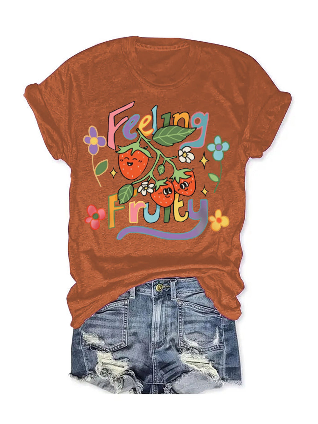 Feeling Fruity Retro Strawberry Slogan Tee - Rust