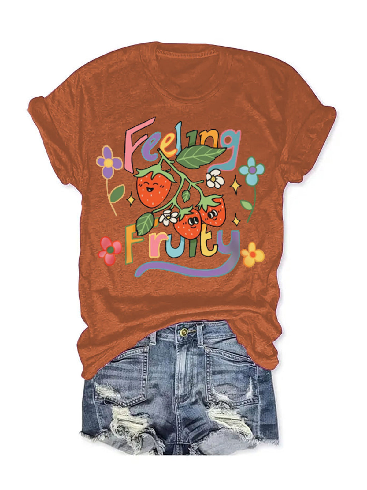 Feeling Fruity Retro Strawberry Slogan Tee - Rust