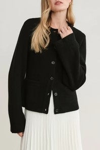 Nipped Waist Button Front Knit Cardigan - Black - 1