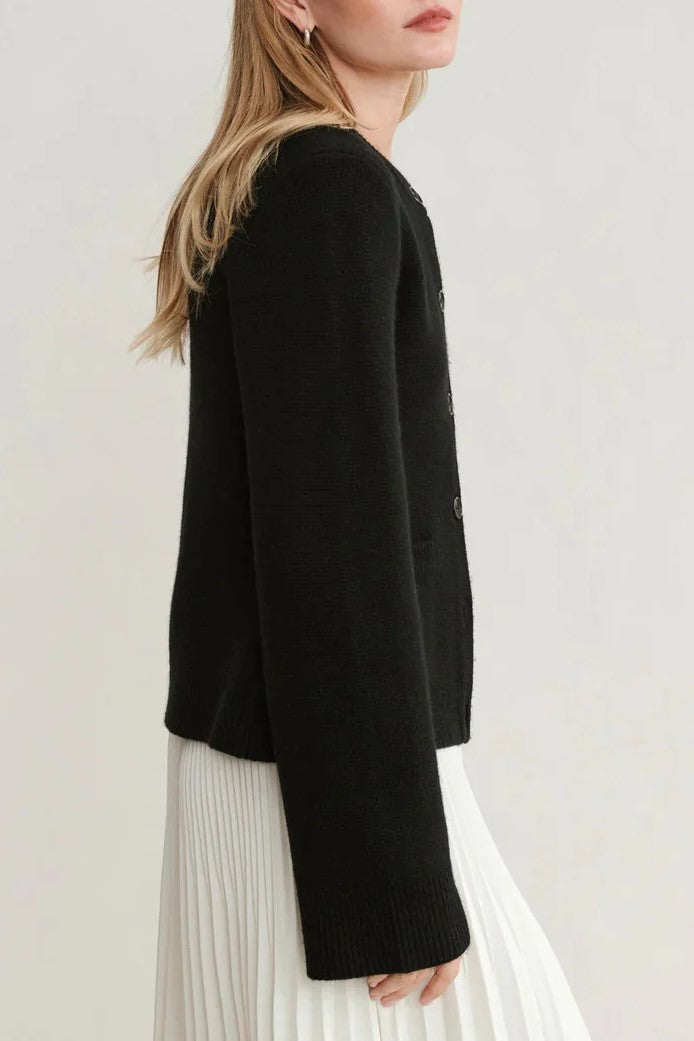 Nipped Waist Button Front Knit Cardigan - Black - 3