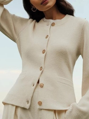 Nipped Waist Button Front Knit Cardigan - WHITE