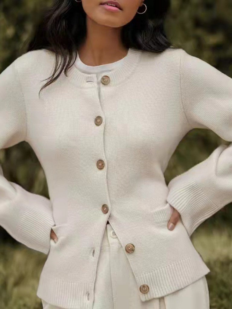 Nipped Waist Button Front Knit Cardigan - WHITE - 1