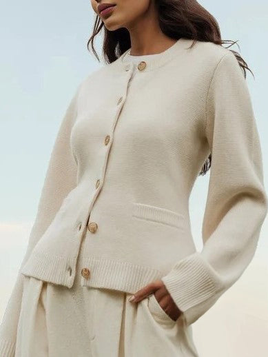 Nipped Waist Button Front Knit Cardigan - WHITE - 2