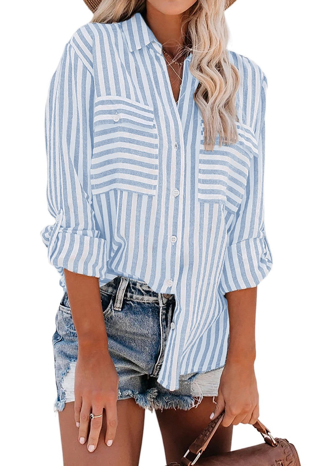Striped Double Pocket Roll Tab Sleeve Tunic Shirt - Light Blue