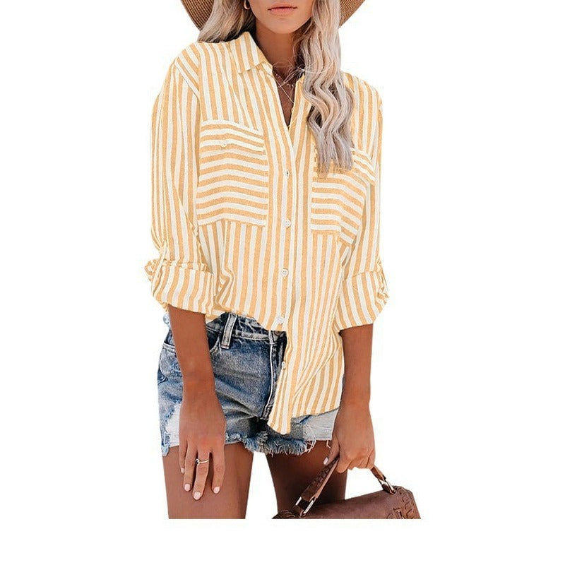 Striped Double Pocket Roll Tab Sleeve Tunic Shirt - Yellow