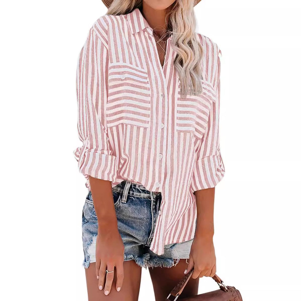 Striped Double Pocket Roll Tab Sleeve Tunic Shirt