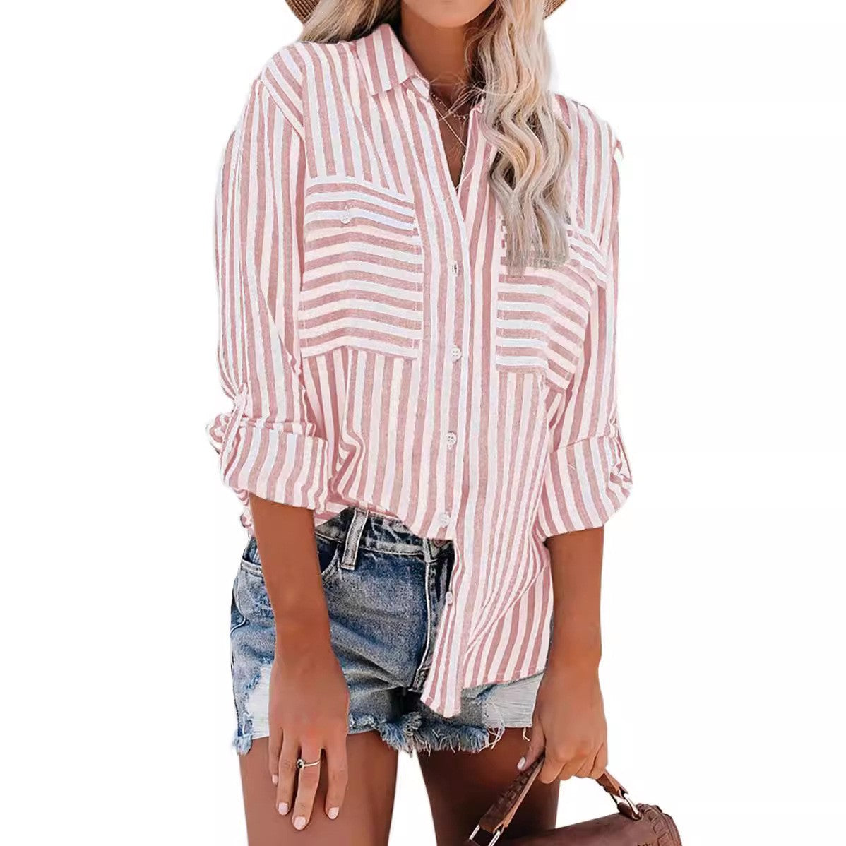 Striped Double Pocket Roll Tab Sleeve Tunic Shirt