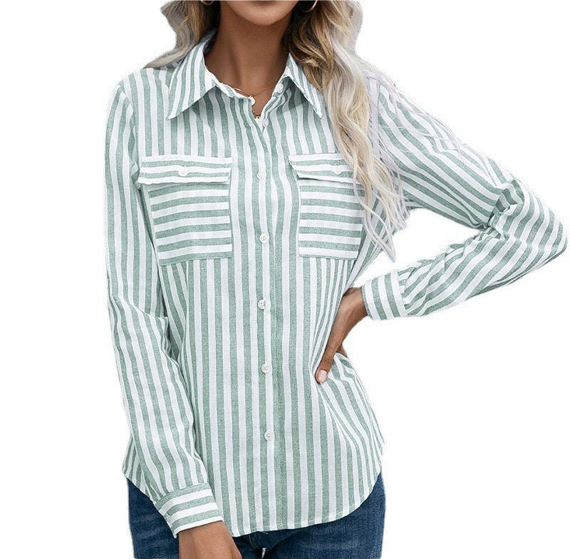 Striped Double Pocket Roll Tab Sleeve Tunic Shirt