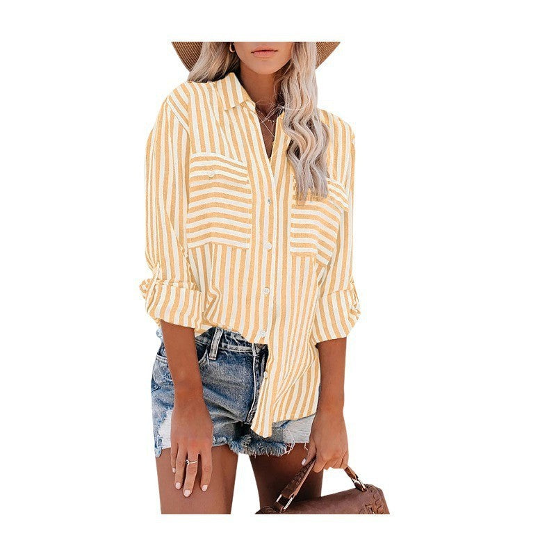 Striped Double Pocket Roll Tab Sleeve Tunic Shirt