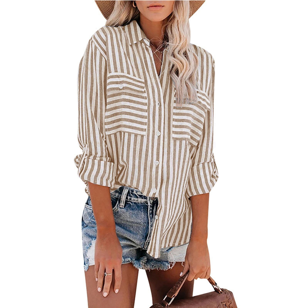 Striped Double Pocket Roll Tab Sleeve Tunic Shirt