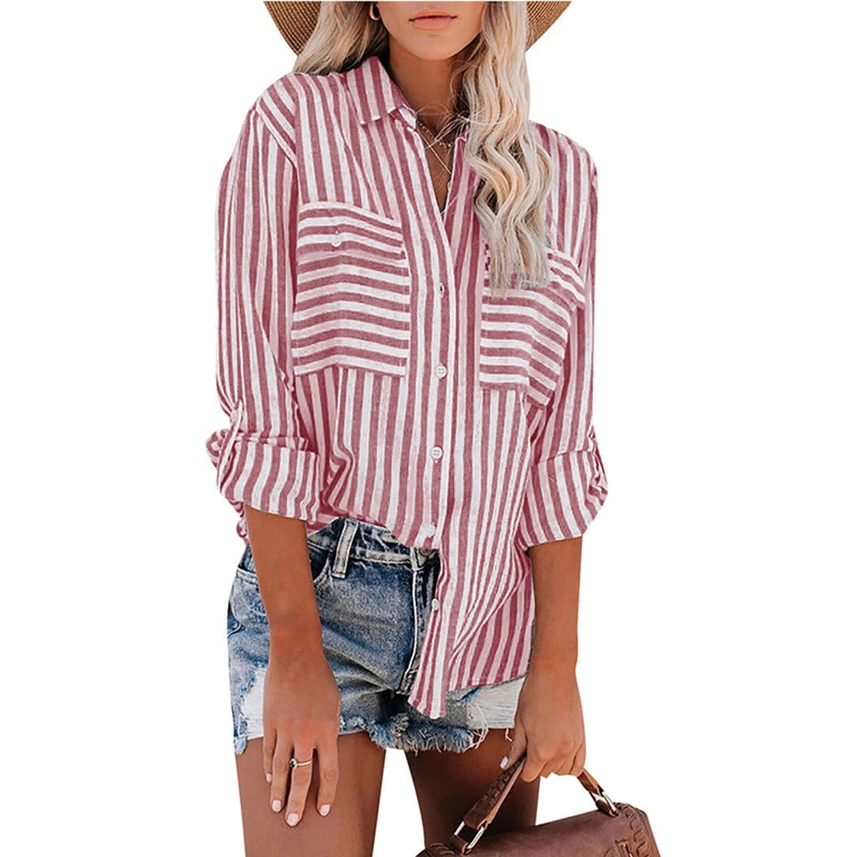 Striped Double Pocket Roll Tab Sleeve Tunic Shirt